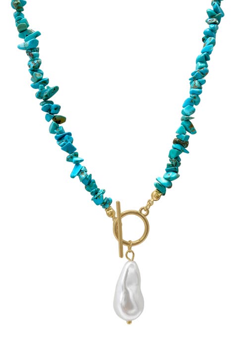 Turquoise Stone & Faux Pearl Toggle Necklace