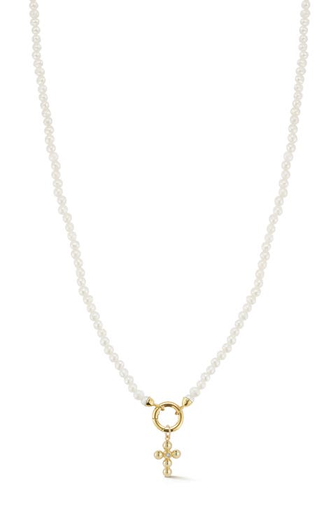 14K Yellow Gold Diamond Cross Beaded Necklace