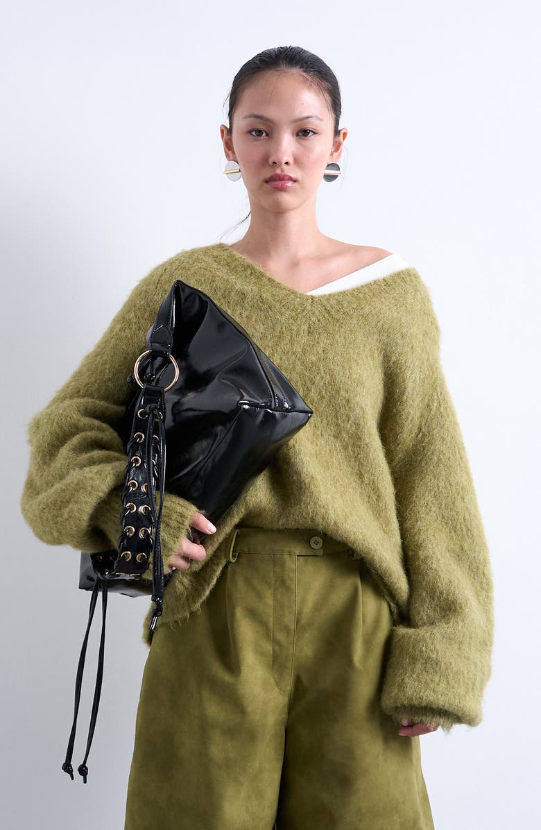 Topshop Whipstitch Trim Faux Leather Tote, Alternate, color, Black