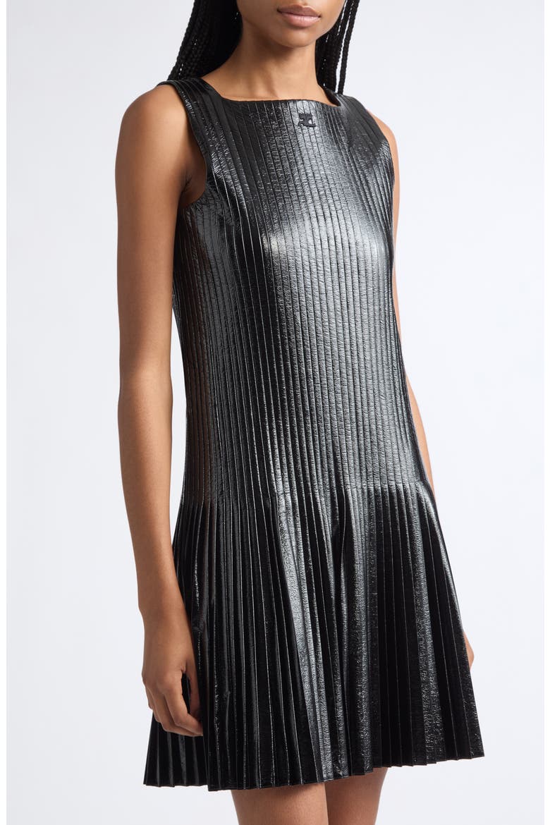 Pleated Faux Leather Minidress, Alternate, color, BLACK