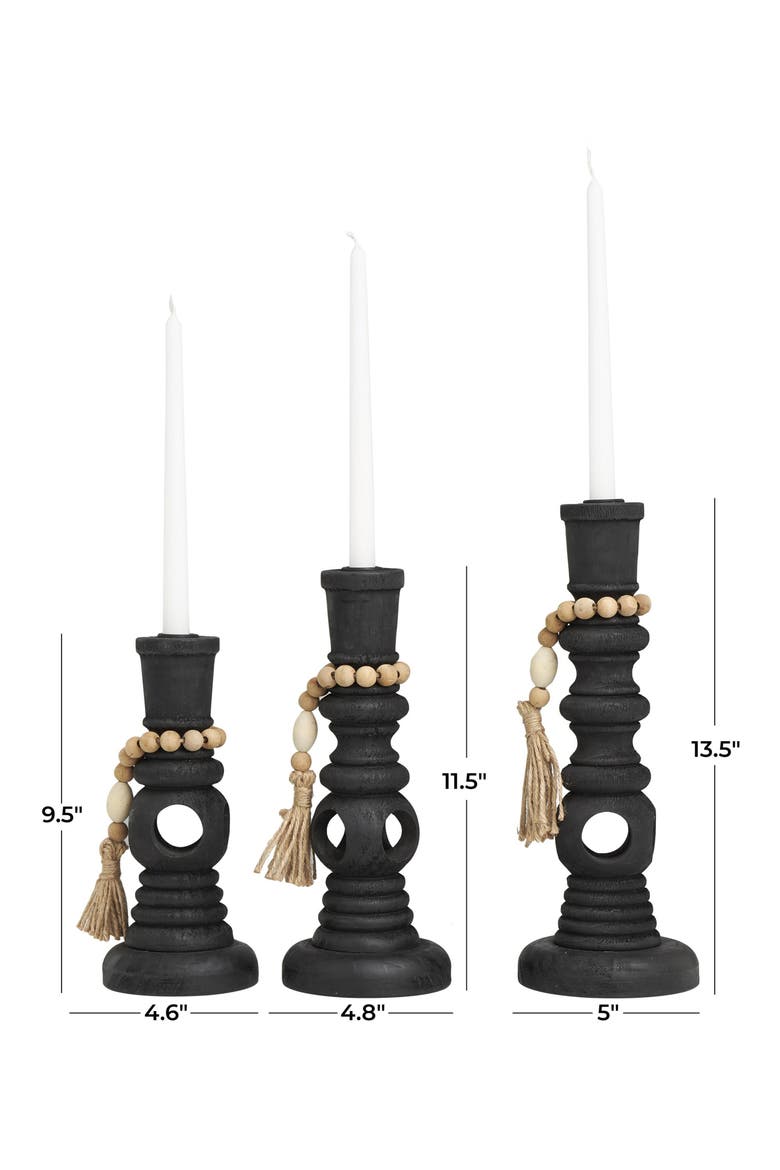 Set of 3 Wood Pillar Candle Holders, Alternate, color, BLACK
