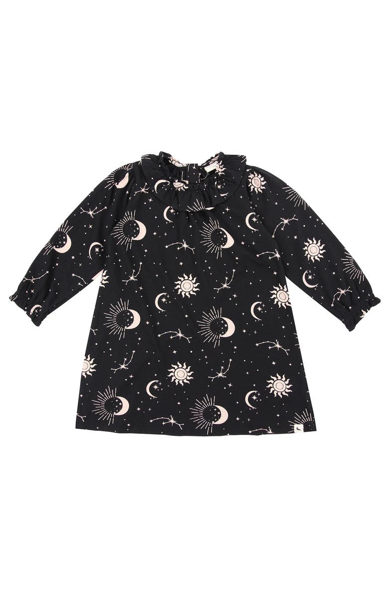Turtledove London Kids Organic Cotton Celestial Print Ruffle Neck Dress, Alternate, color, Black