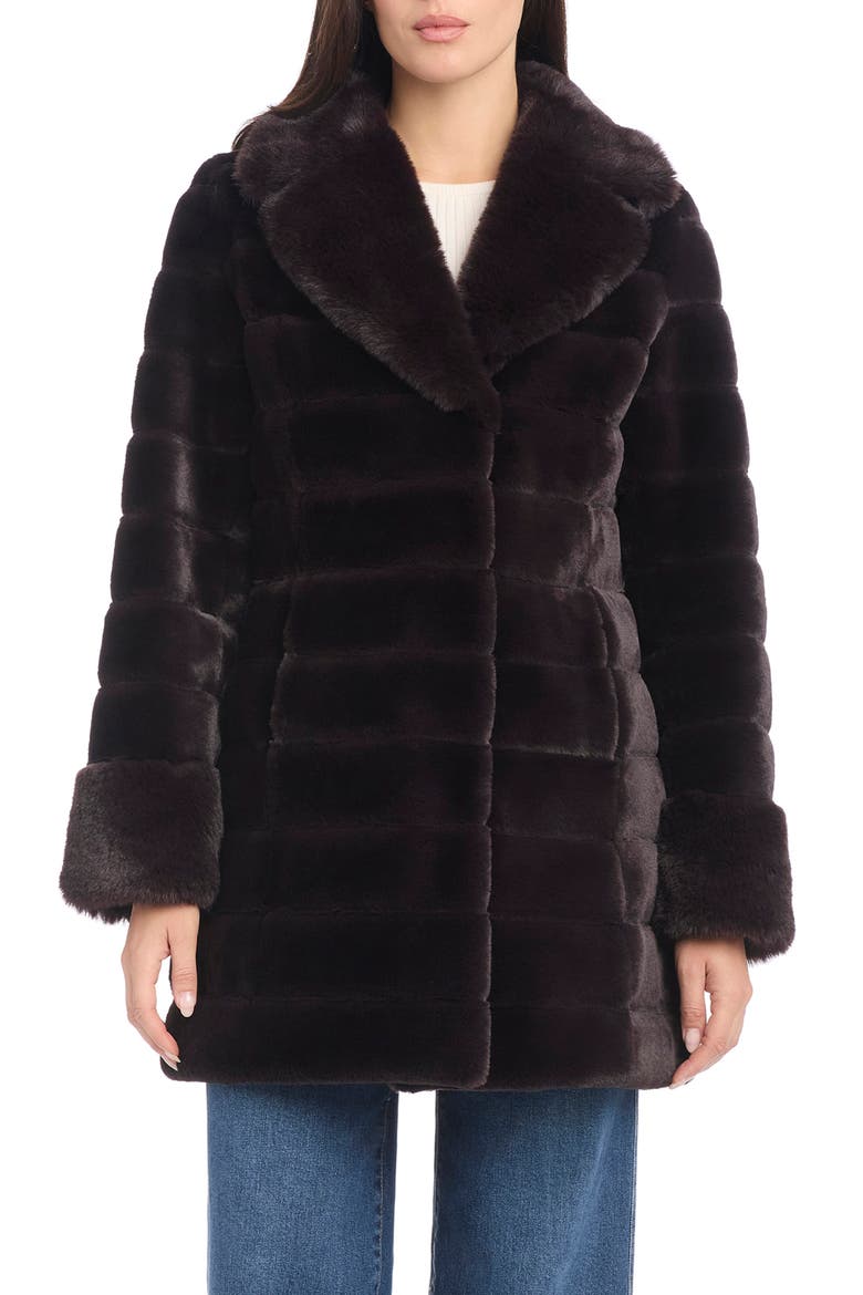 Notch Collar Grooved Faux Fur Coat, Main, color, ESPRESSO