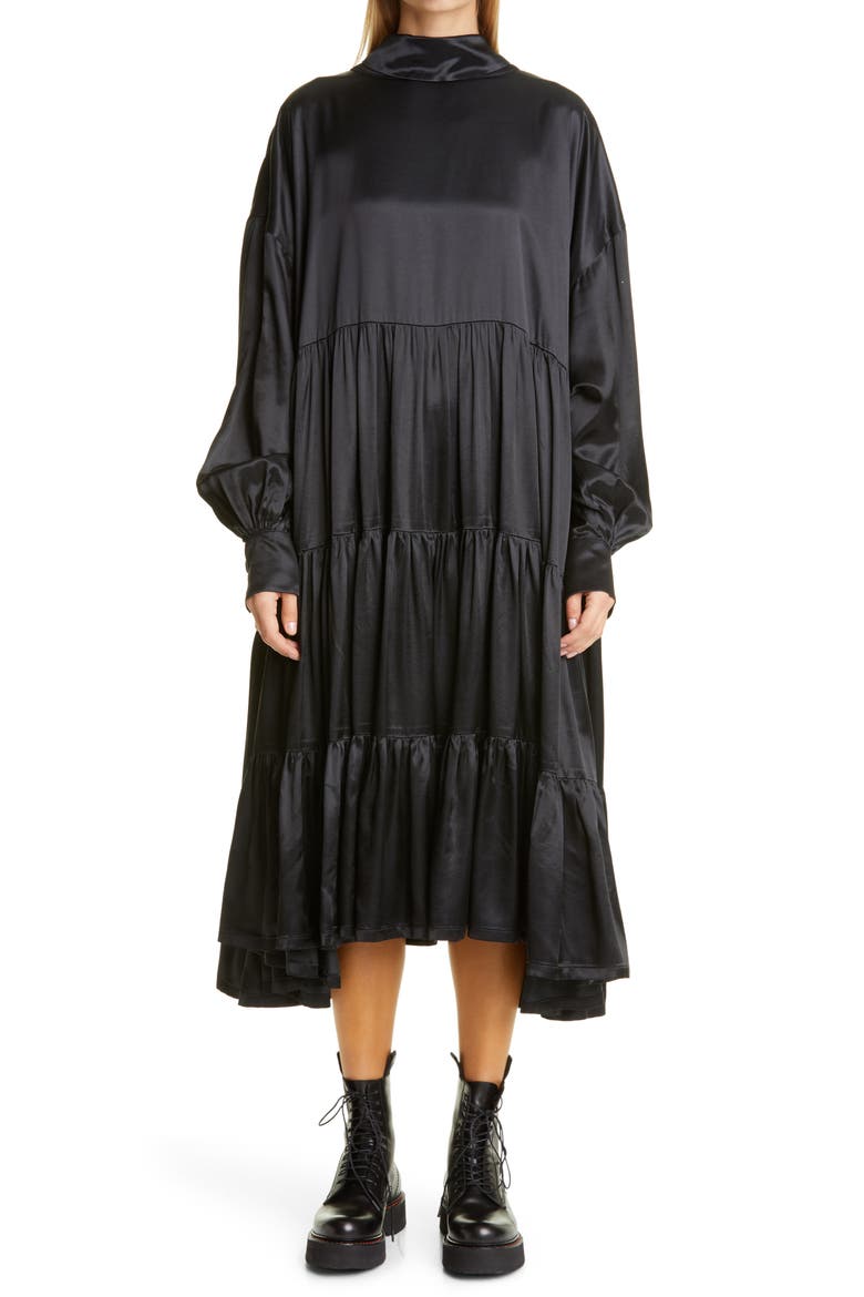 Long Sleeve Tiered Ruffle Jacquard Dress, Main, color, BLACK