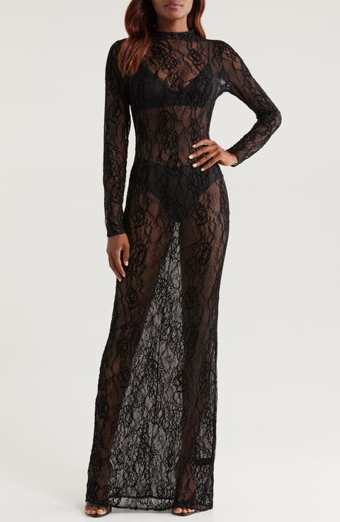 Sheer Lace Long Sleeve Stretch Gown