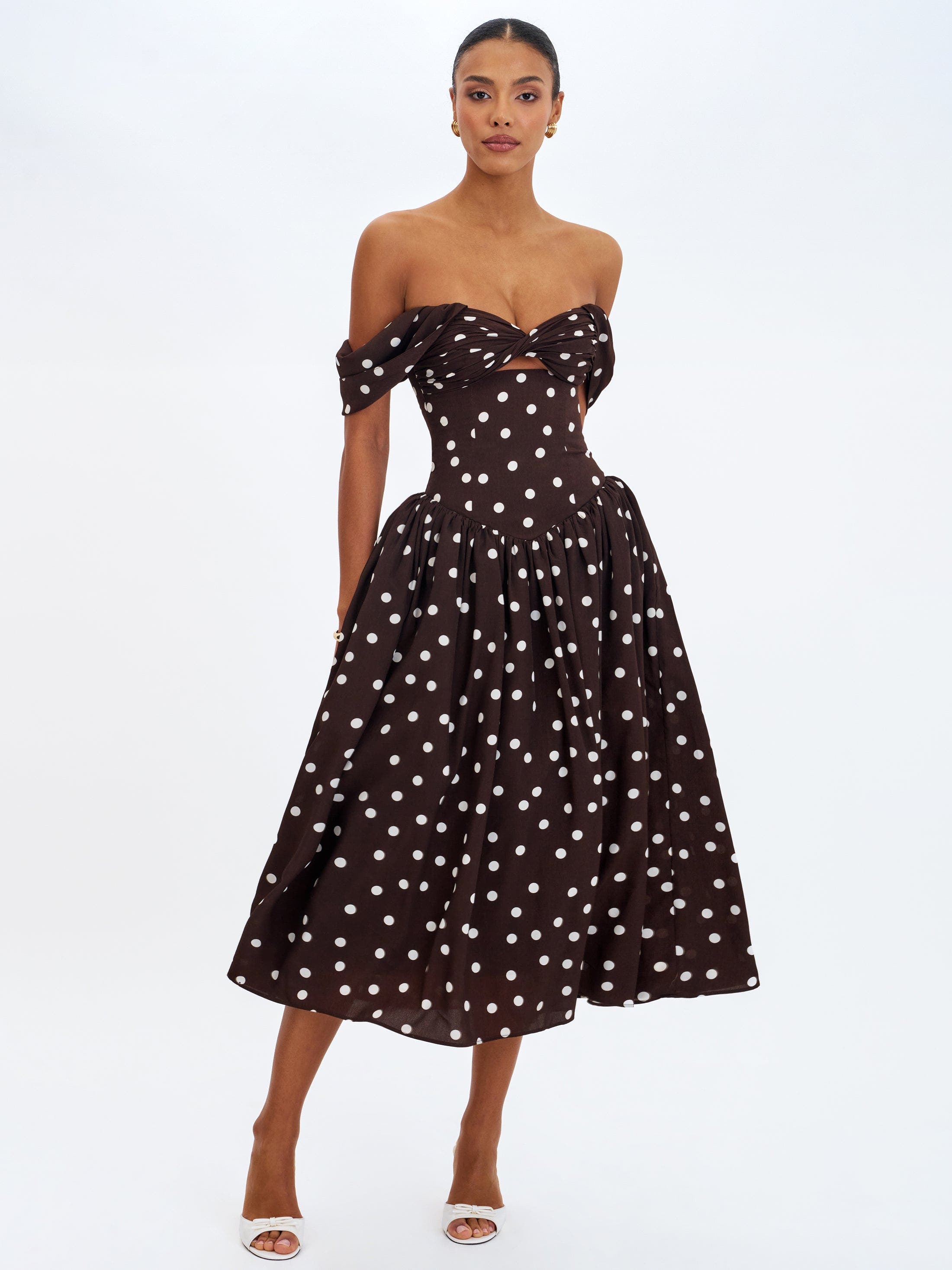 Miss Circle Xandie Polka Dot Off-Shoulder Midi Dress (Women