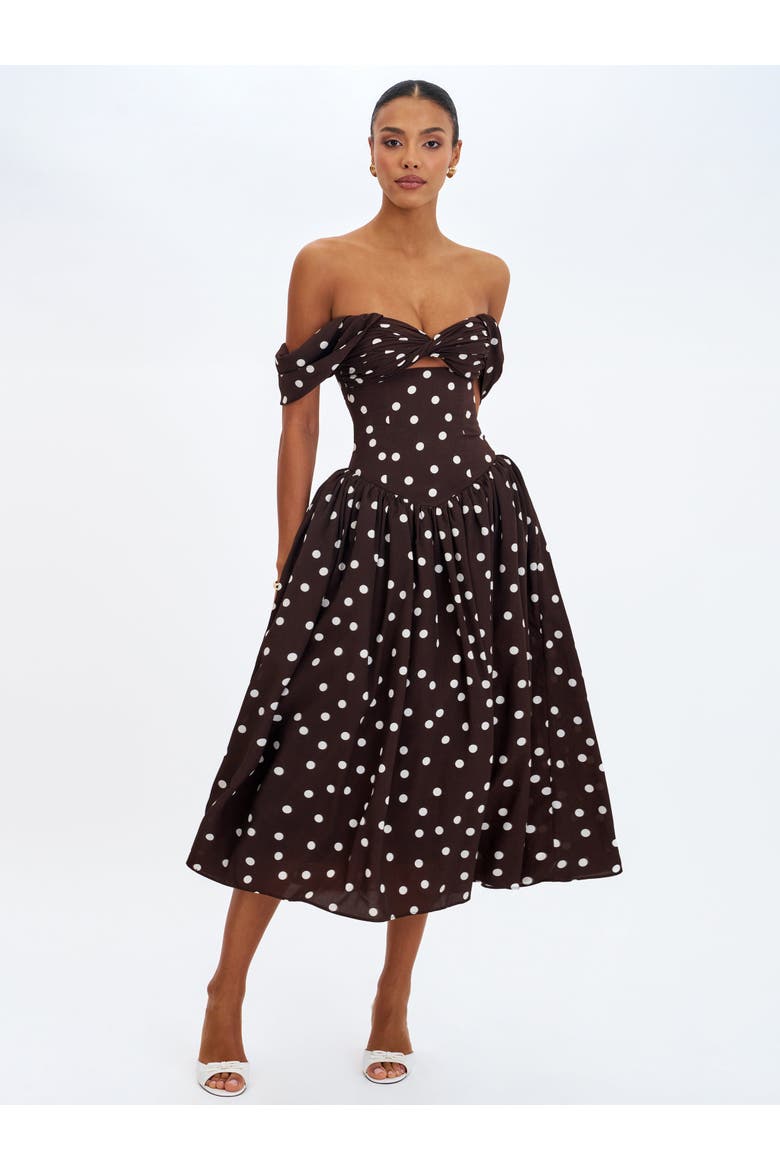 Xandie Polka Dot Off-Shoulder Midi Dress, Alternate, color, Mocha