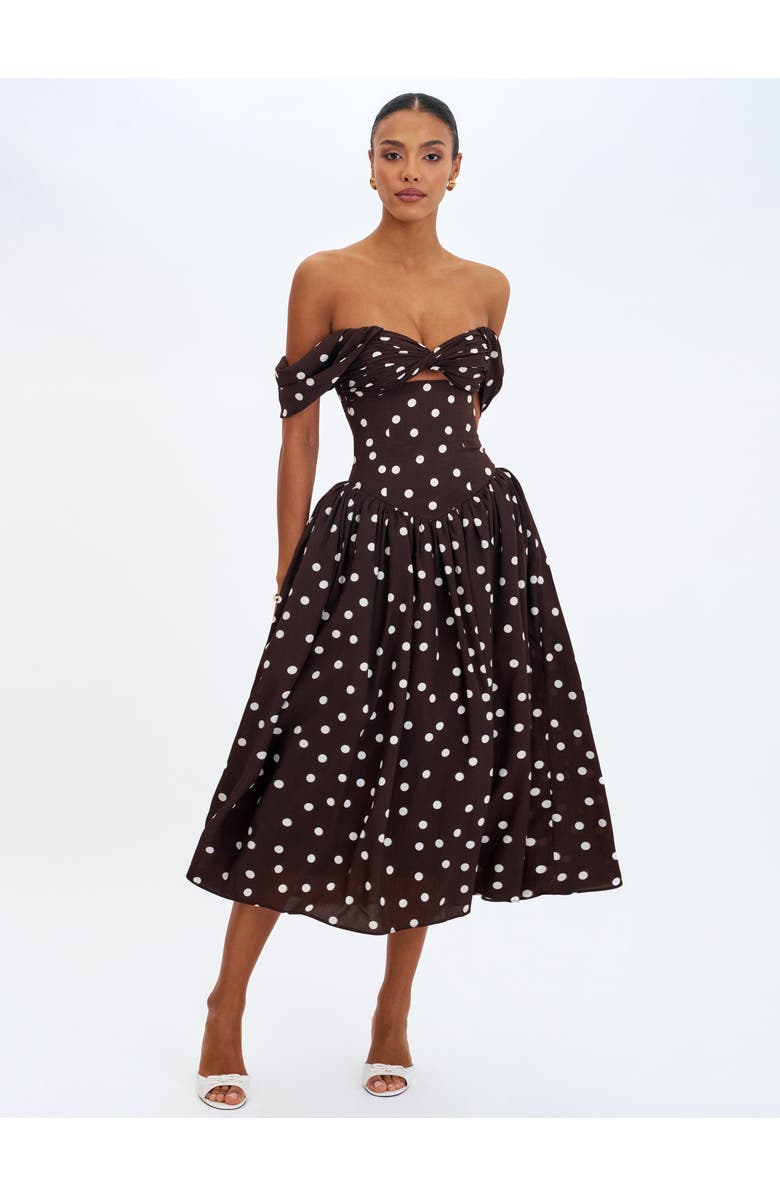Miss Circle Xandie Polka Dot Off-Shoulder Midi Dress, Alternate, color, Mocha