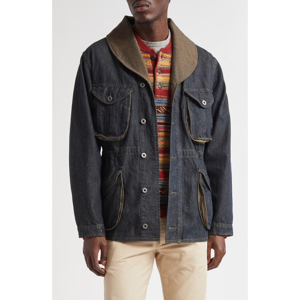 Double Rl Shawl Collar Cotton & Linen Blend Denim Jacket In Blue