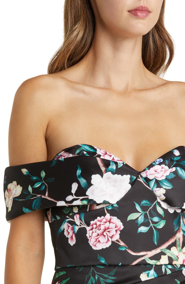 Marchesa Notte Floral Off the Shoulder High-Low Gown, Alternate, color, 