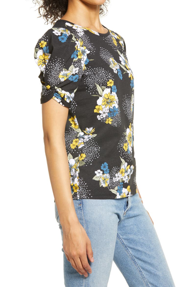 Print Puff Sleeve Cotton T-Shirt, Alternate, color, BLACK FLORAL