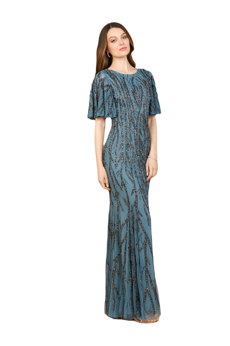 Beaded Gown with Flutter Sleeves, Alternate, color, Grey