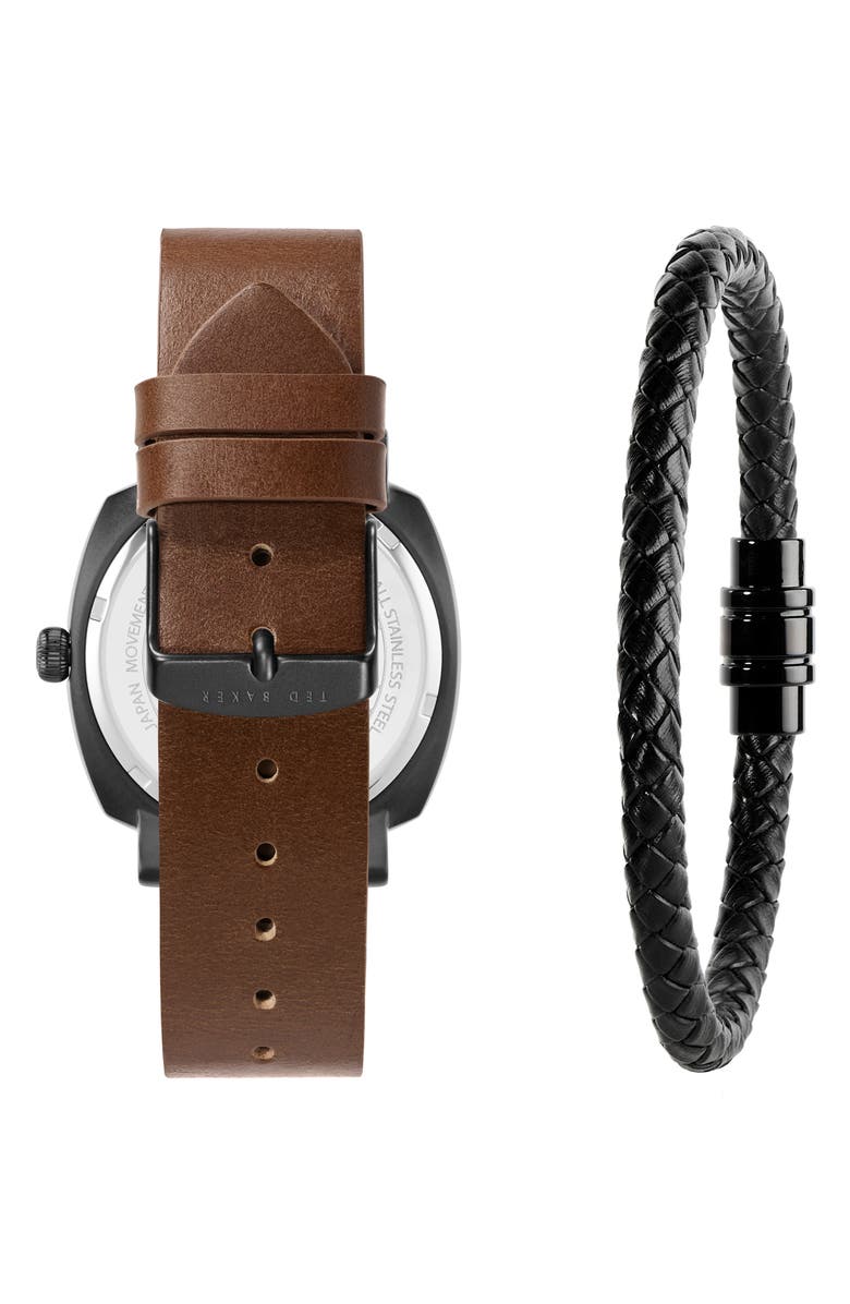 Ted Baker London Caine Leather Strap Watch & Bracelet Set, 42mm, Alternate, color, Black/ Black/ Brown