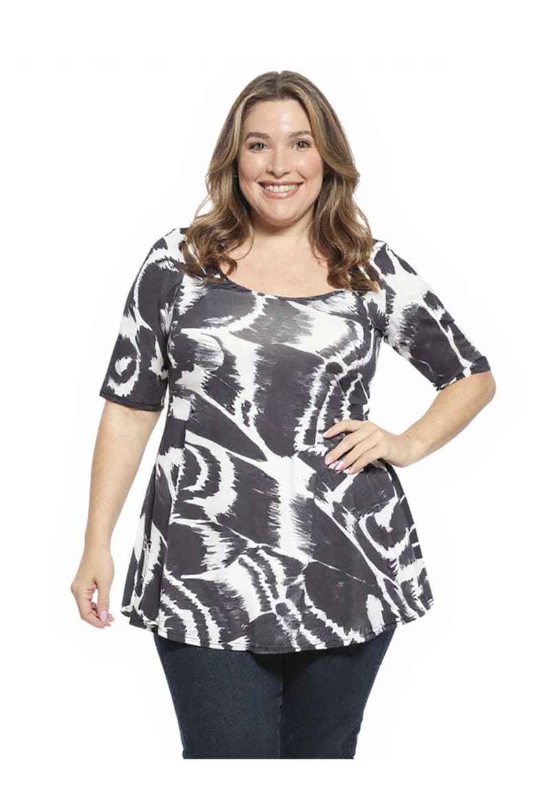 Plus Size Abstract Scoop Neck Elbow Sleeve Tunic Top, Main, color, Black Multi