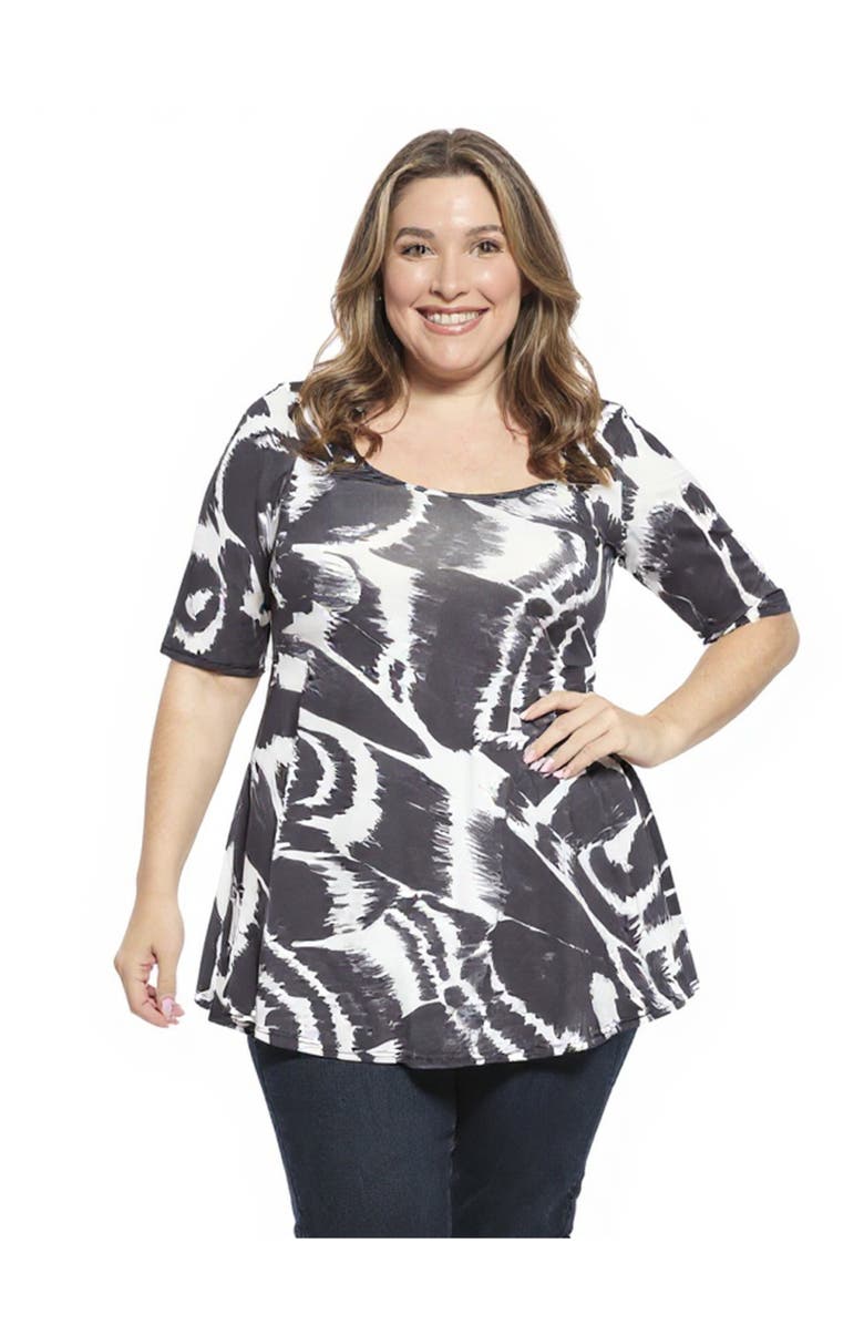 24seven Comfort Apparel Plus Size Abstract Scoop Neck Elbow Sleeve Tunic Top, Main, color, Black Multi
