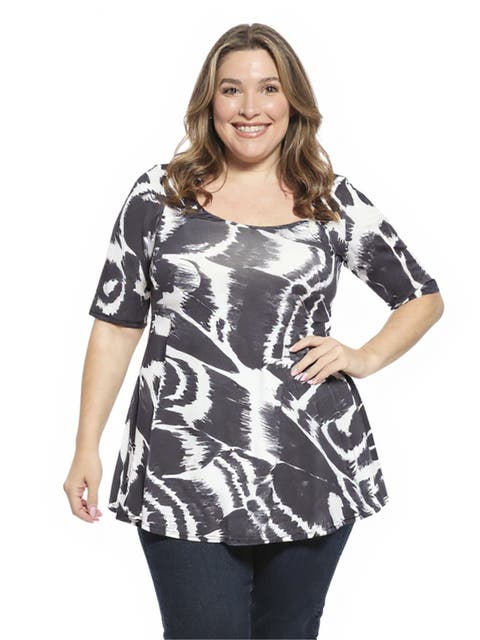 Plus Size Abstract Scoop Neck Elbow Sleeve Tunic Top