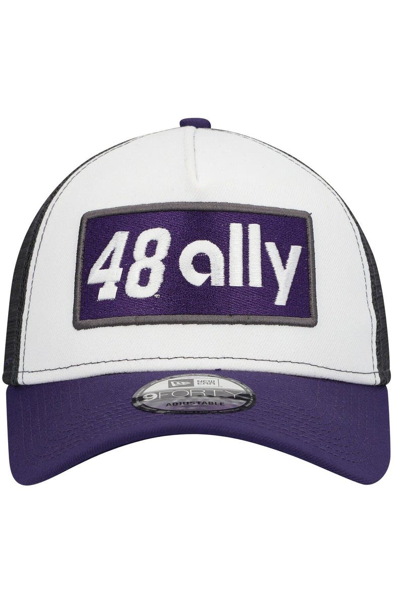 New Era Men's New Era White/Purple Alex Bowman Double Patch 9FORTY A-Frame Trucker Snapback Hat, Alternate, color, 