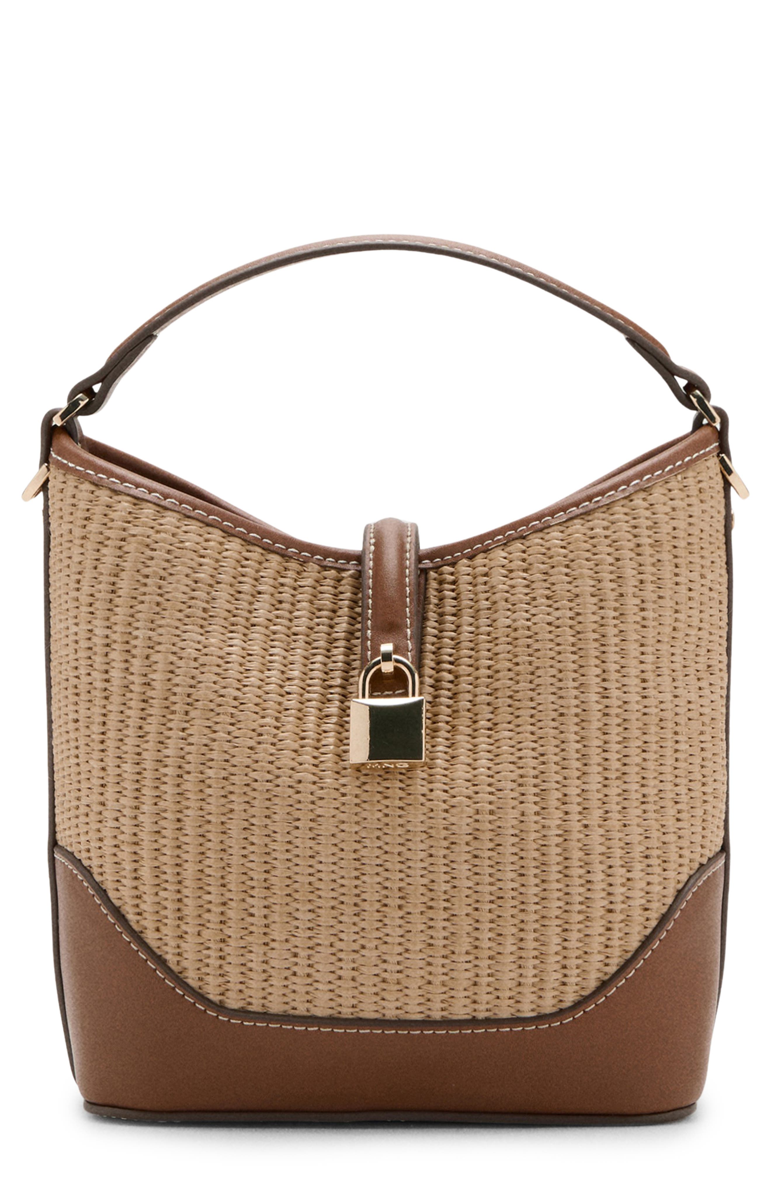 MANGO Contrasting Canvas & Faux Leather Bucket Bag, Main, color, Leather