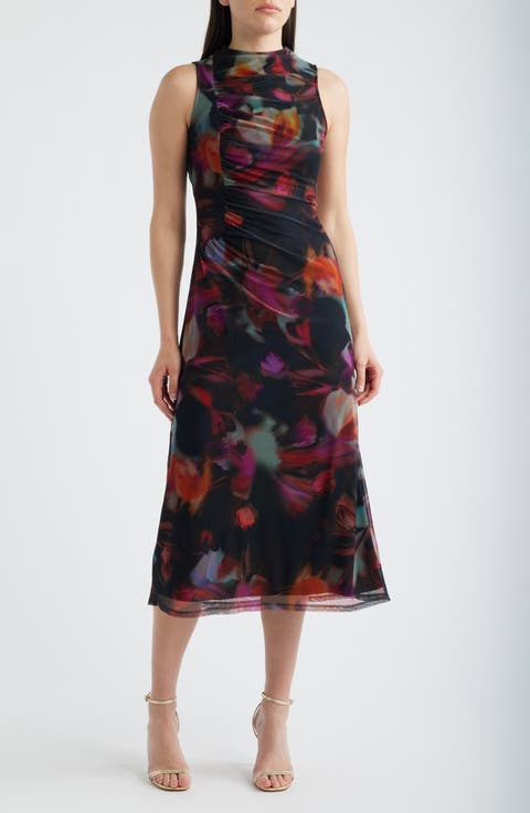 Ruched Floral Print Cocktail Dress