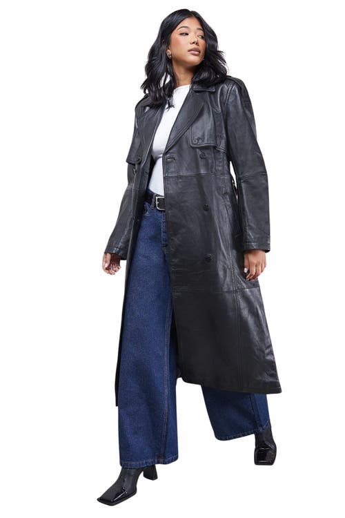 Warehouse Real Leather Belted Trench Coat In Black