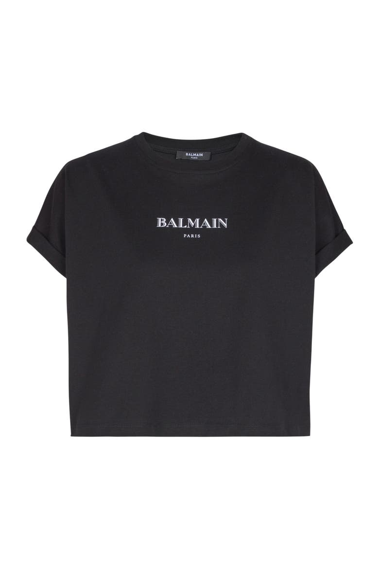 Cropped T-Shirt with Balmain Print, Alternate, color, black