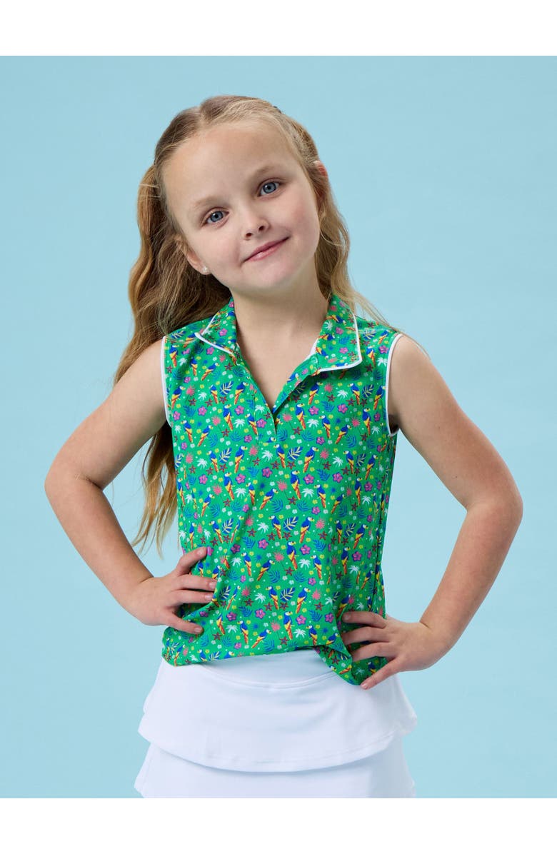 RuffleButts UPF50+ Sleeveless Polo Active Top, Alternate, color, Tiny Parrot Palms
