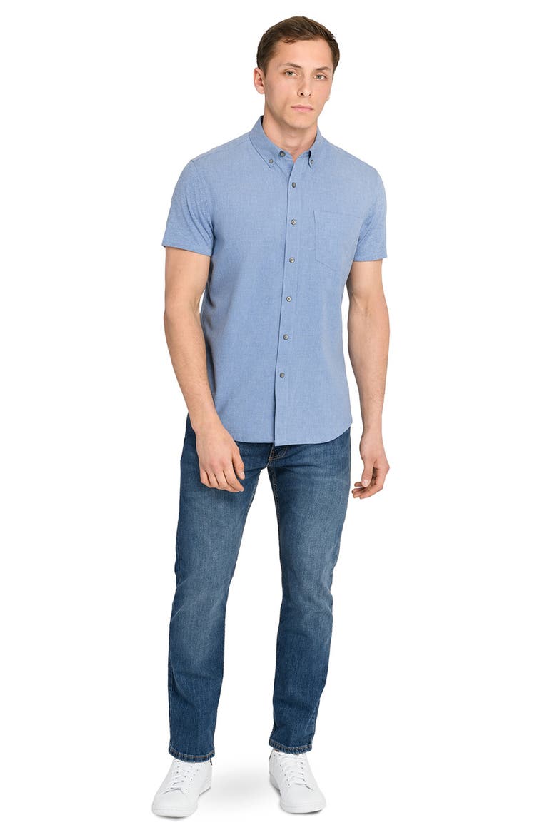 Reworked Slim Fit Solid Short Sleeve Cotton Button-Down Shirt, Alternate, color, BLUE