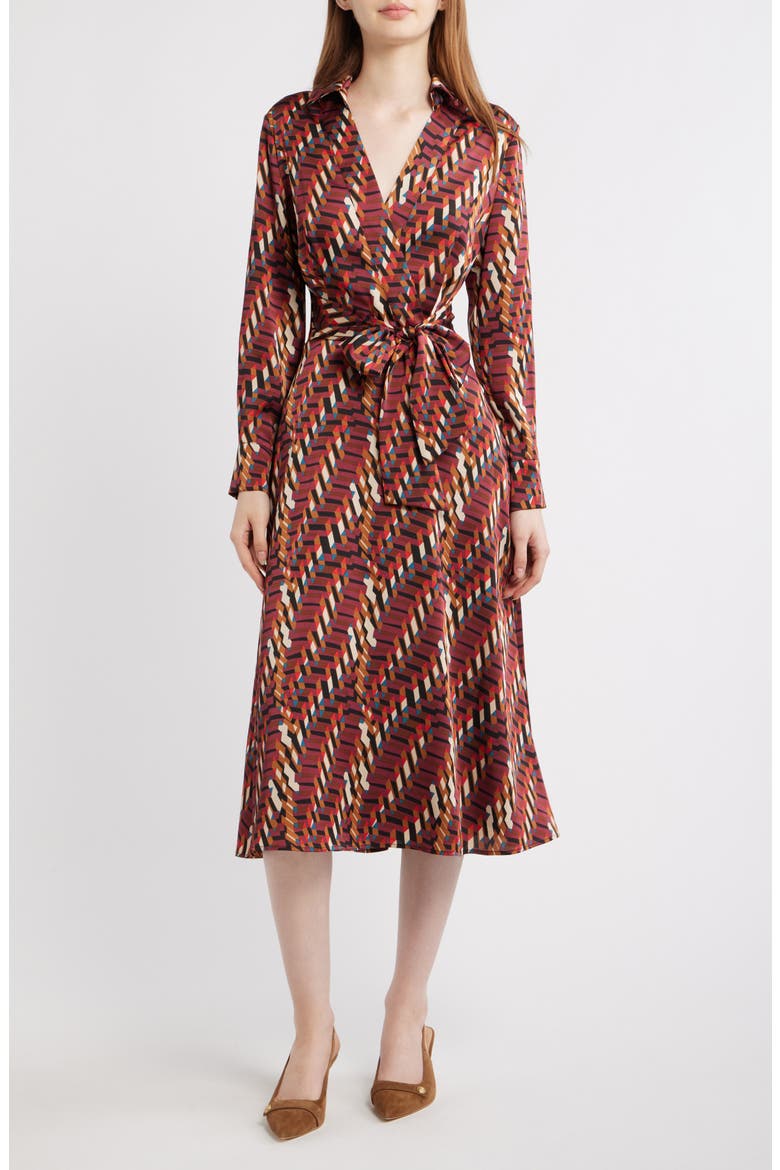 Geo Print Long Sleeve Midi Shirtdress, Main, color, CRANBERRY MULTI