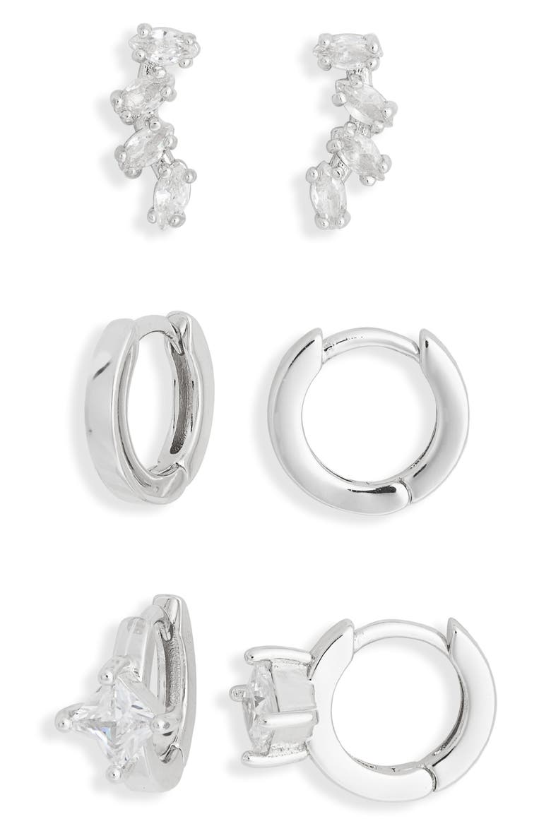 Set of 3 Cubic Zirconia Ear Crawler & Huggie Hoop Earrings, Main, color, CLEAR- SILVER