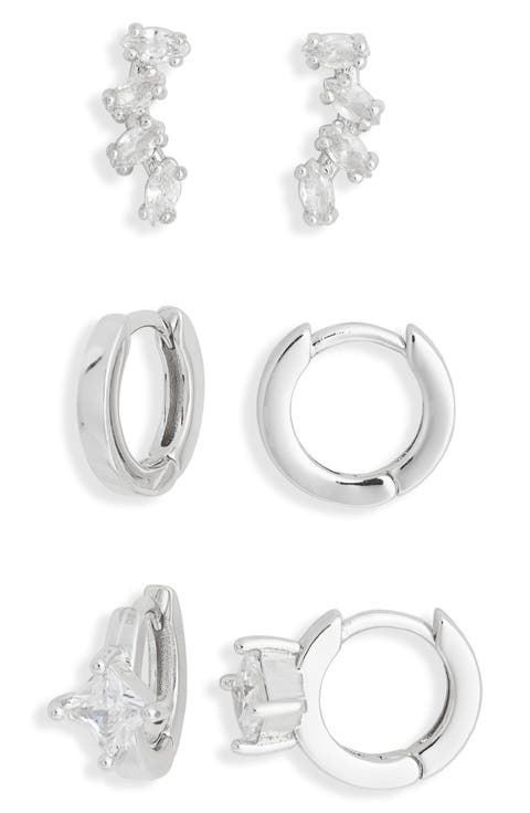 Set of 3 Cubic Zirconia Ear Crawler & Huggie Hoop Earrings