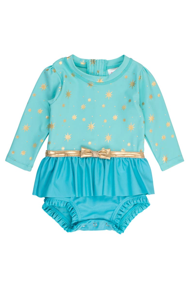RuffleButts Baby Girls UPF50+ Princess Long Sleeve Bow Skirted One Piece Swimsuit, Main, color, Teal Golden Princess