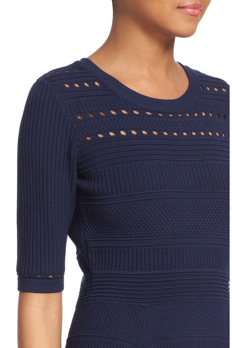 Mixed Stitch Texture Knit Fit & Flare Dress, Alternate, color, NAVY