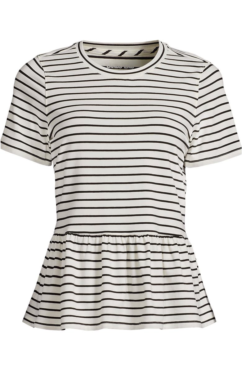 Lands' End Plus Size Short Sleeve Lightweight Jersey Crew Neck Peplum Tee, Alternate, color, Ivory/Black Stripes