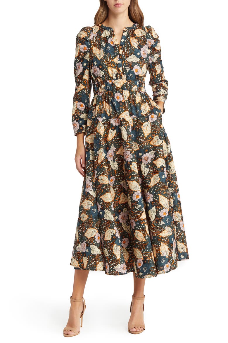 Floral Print Belted Long Sleeve A-Line Dress, Main, color, NAVY MULTI