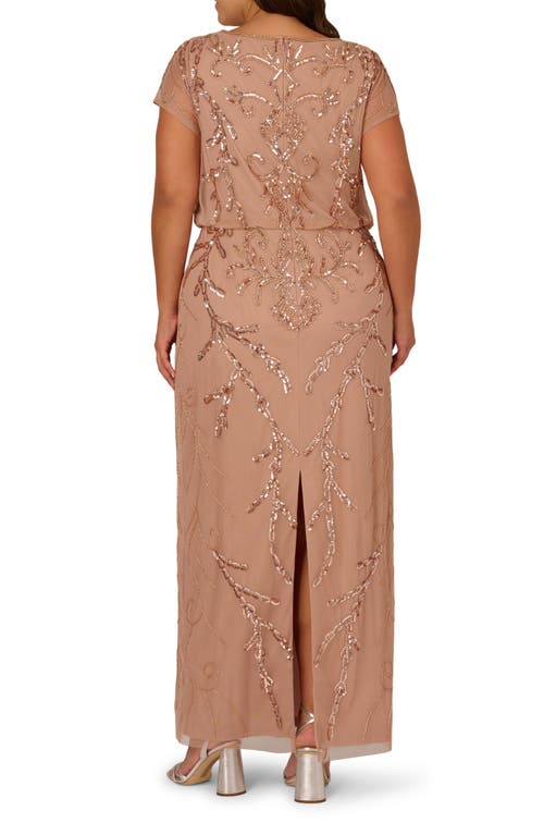 Adrianna Papell Beaded Mesh Blouson Gown In Brown