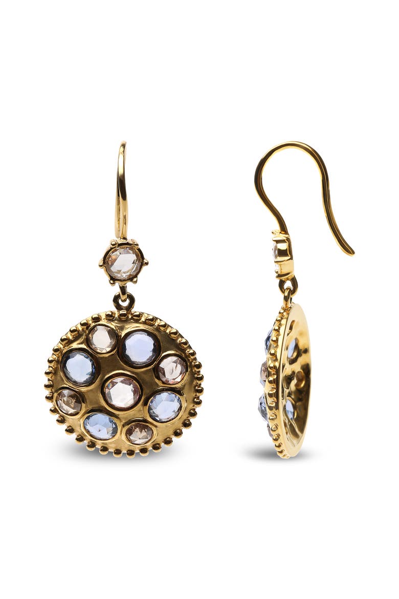 18K Gold 1 2/3 Cttw Diamond and Blue Sapphire Gemstone Medallion Dangle Earrings, Alternate, color, Yellow
