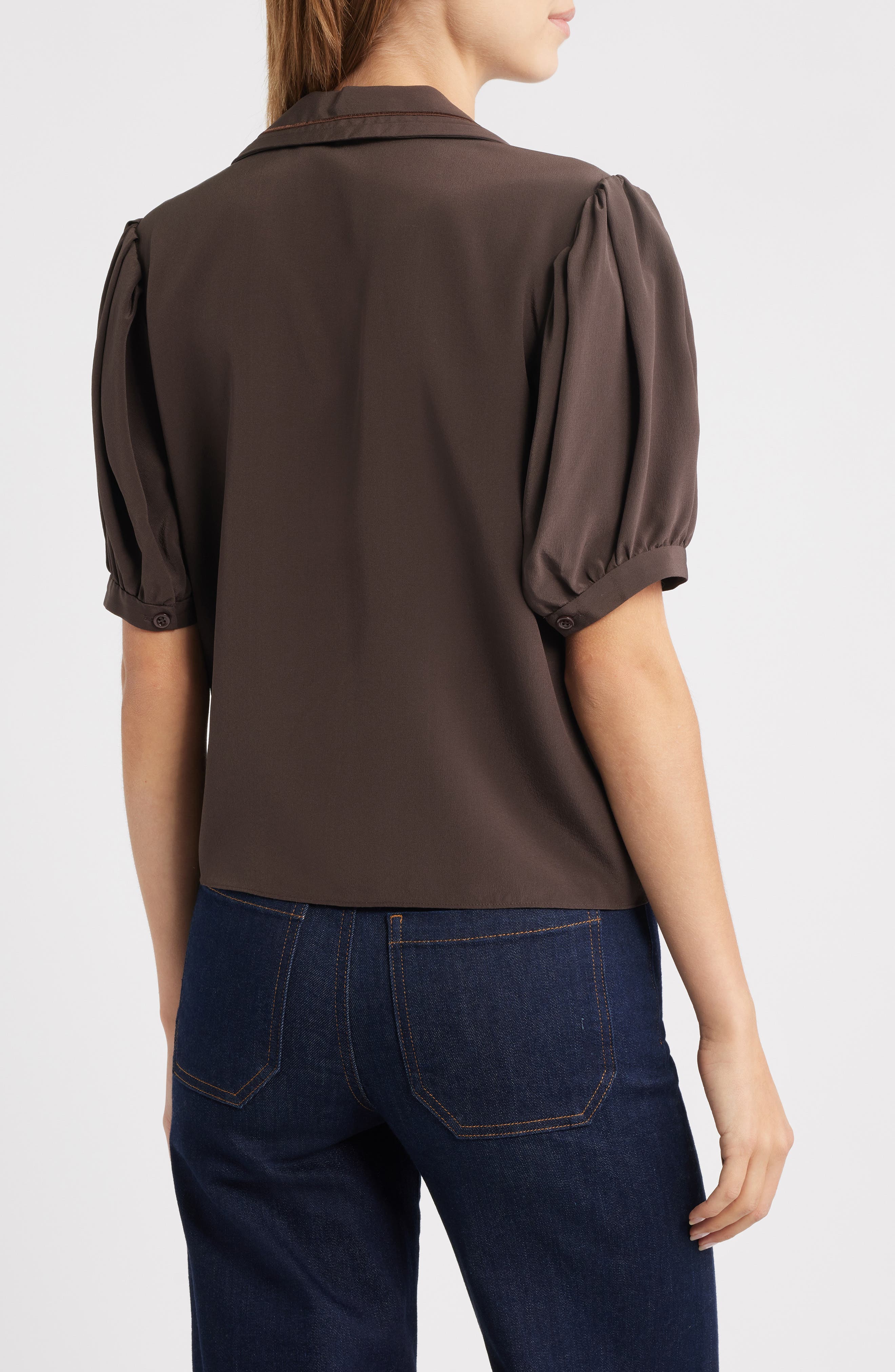 Sailor Puff Sleeve Silk Button-Up Shirt - image 2