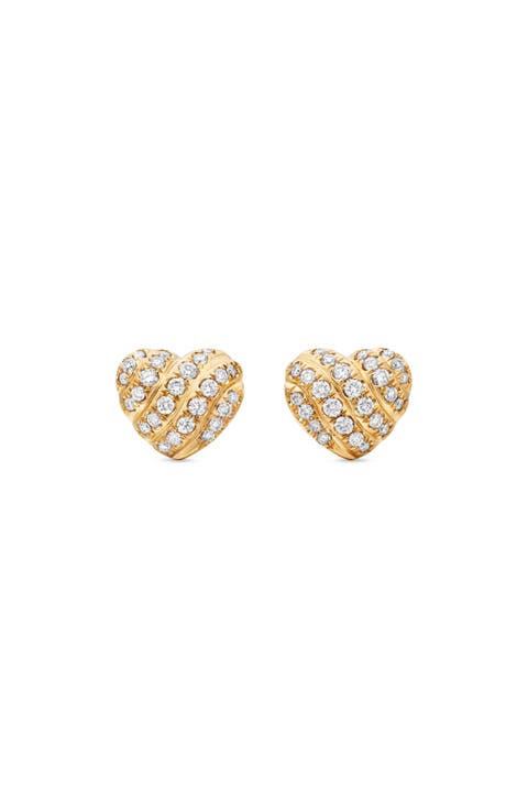 Heart Stud Earrings in 18K Yellow Gold with Pavé Diamonds