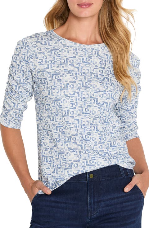 Geo Print Ruched Sleeve Top
