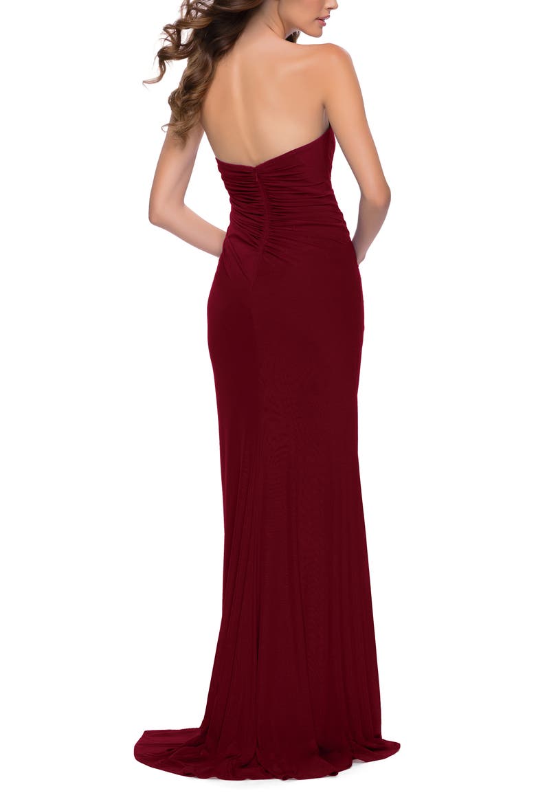 Strapless Jersey Dress with Ruching and Skirt Slit, Alternate, color, Burgundy