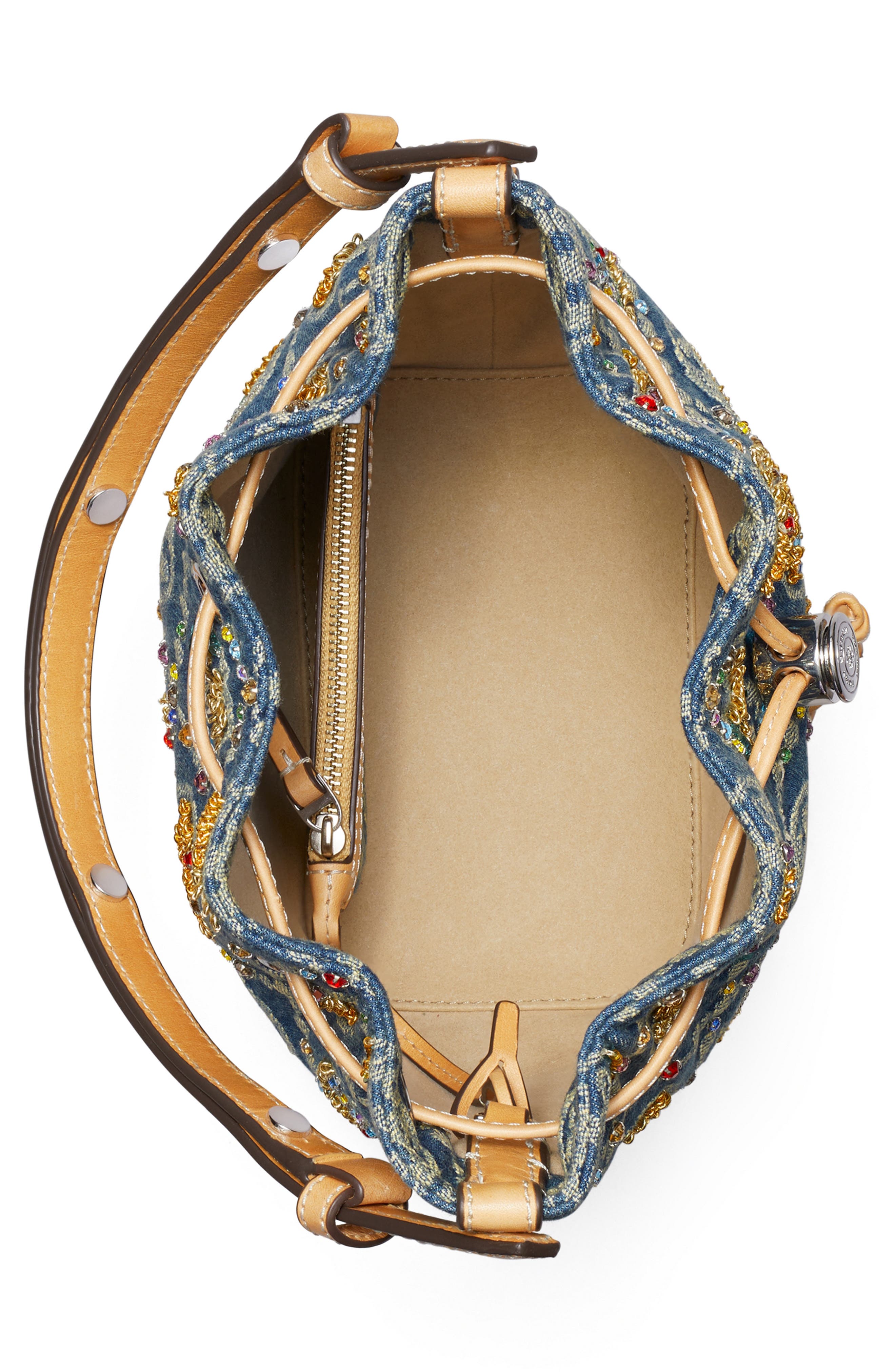 T Monogram Embellished Denim Bucket Bag, Alternate, color, BOAT HOUSE