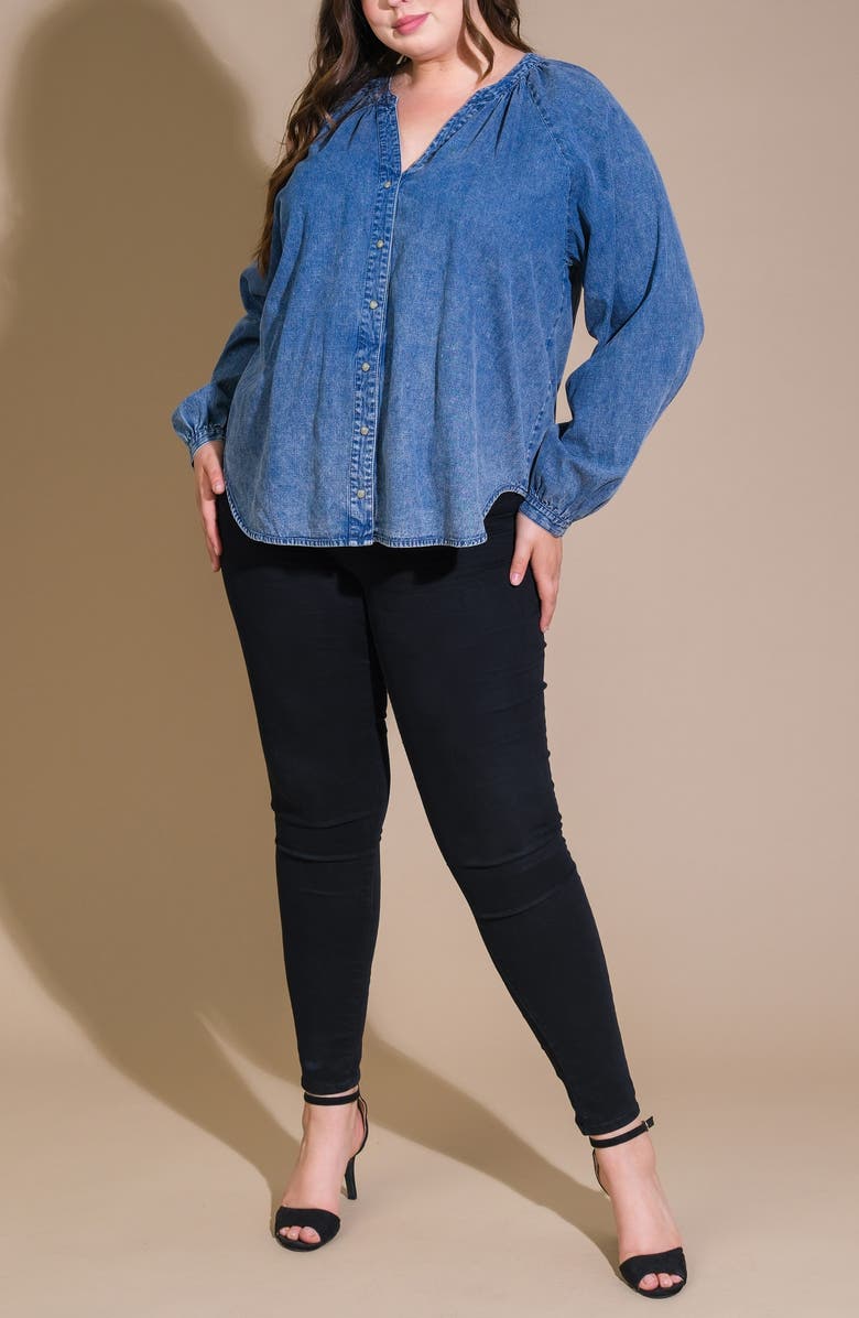 FLYING TOMATO Long Sleeve Washed Denim Top, Alternate, color, Medium Indigo