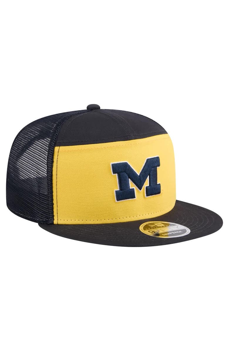 New Era Men's New Era Black/Maize Michigan Wolverines Outdoor Wide Panel 9FIFTY Snapback Trucker Hat, Alternate, color, 