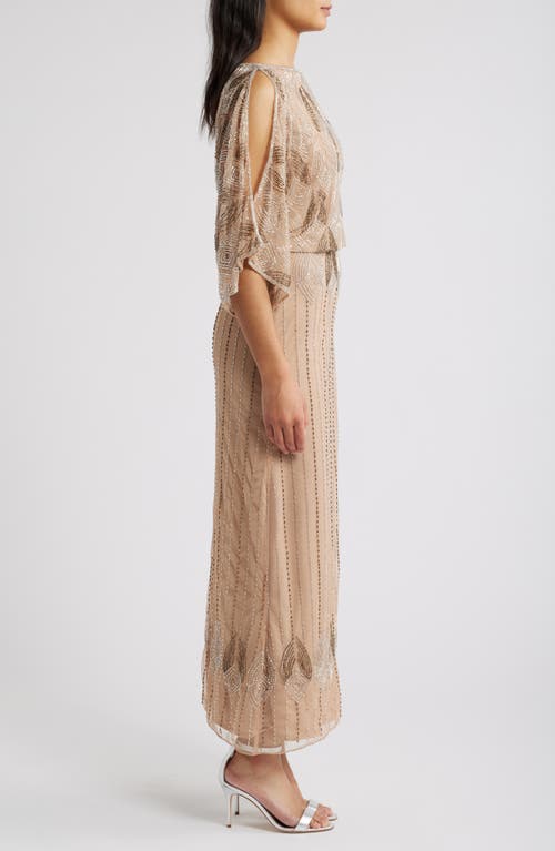 Pisarro Nights Beaded Cold Shoulder Cocktail Dress In Beige