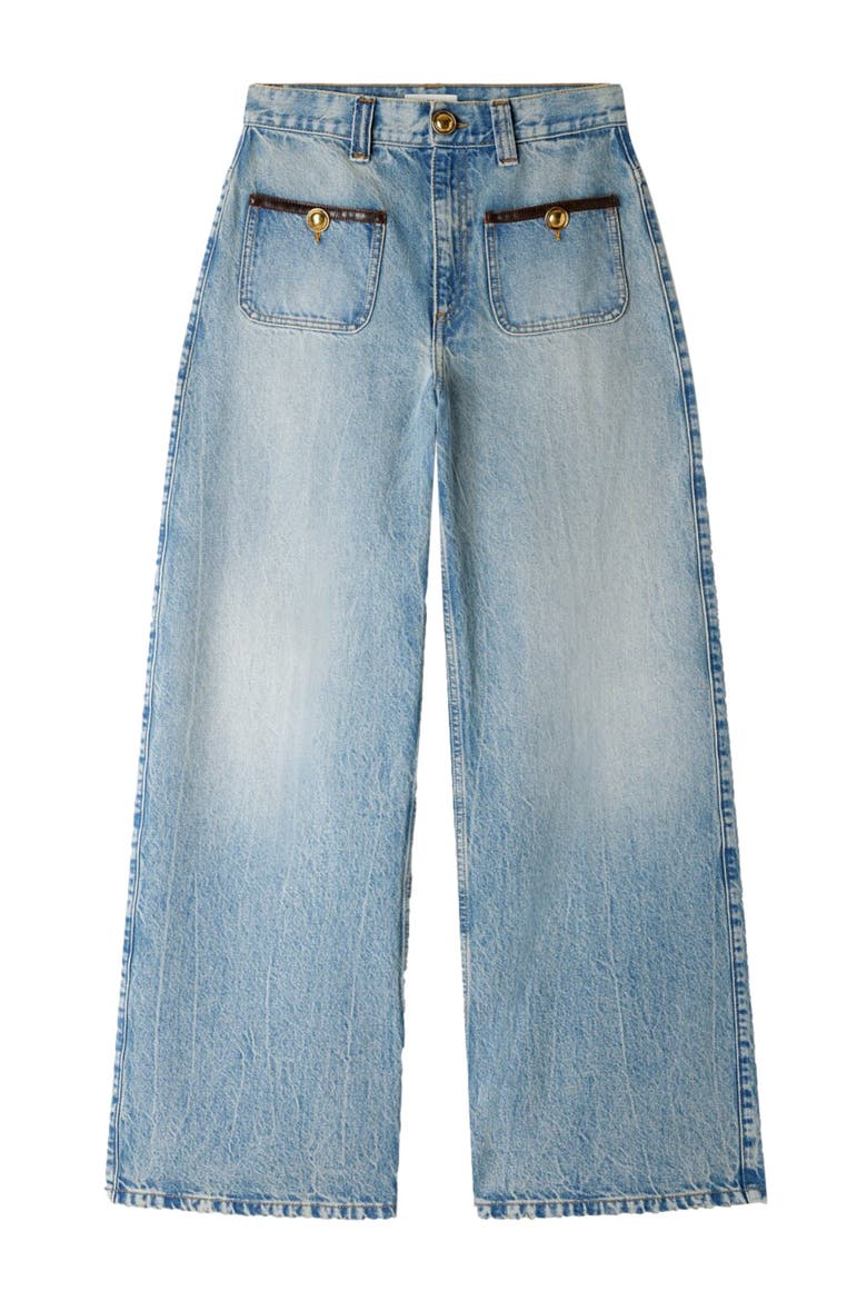 Straight-leg leather detail jeans, Alternate, color, Blue jean