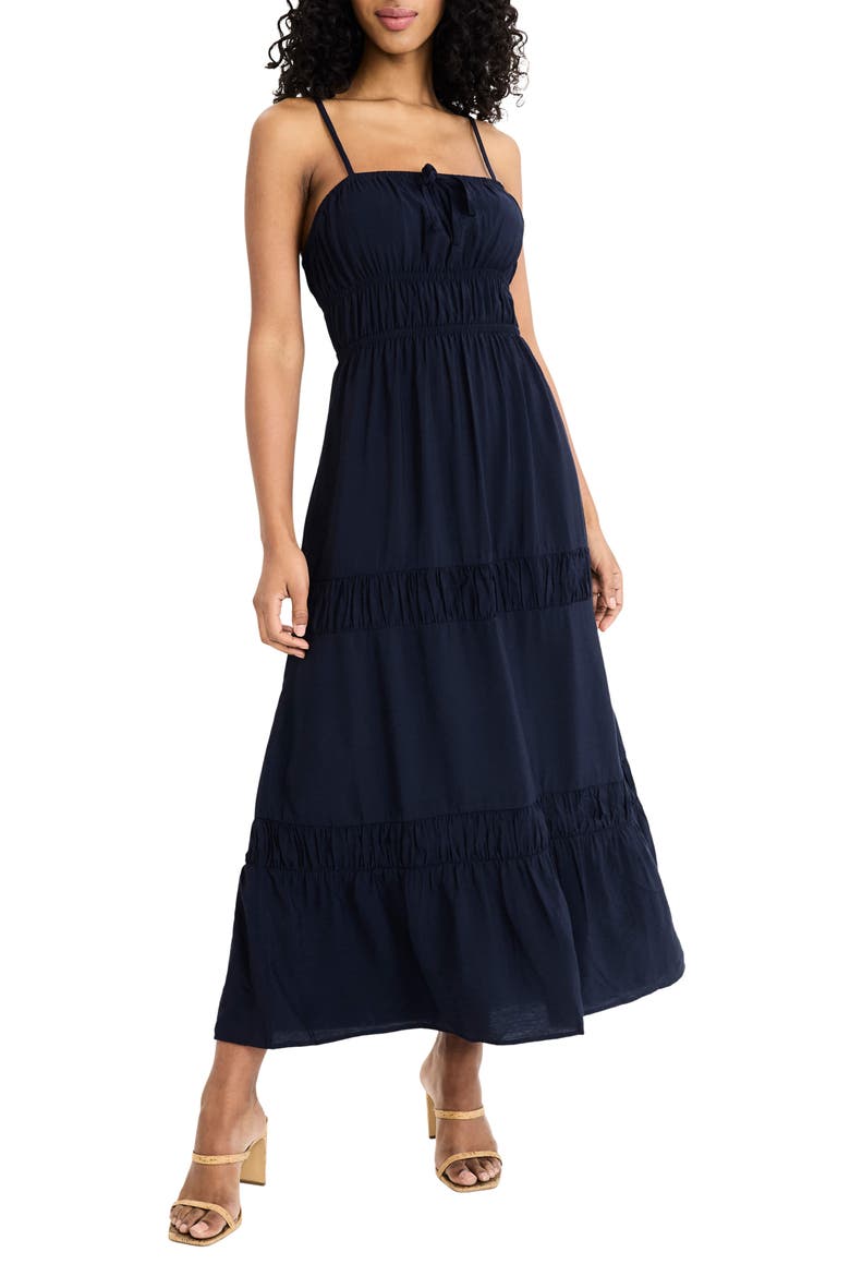 Square Neck Tiered Midi Sundress, Main, color, NAVY