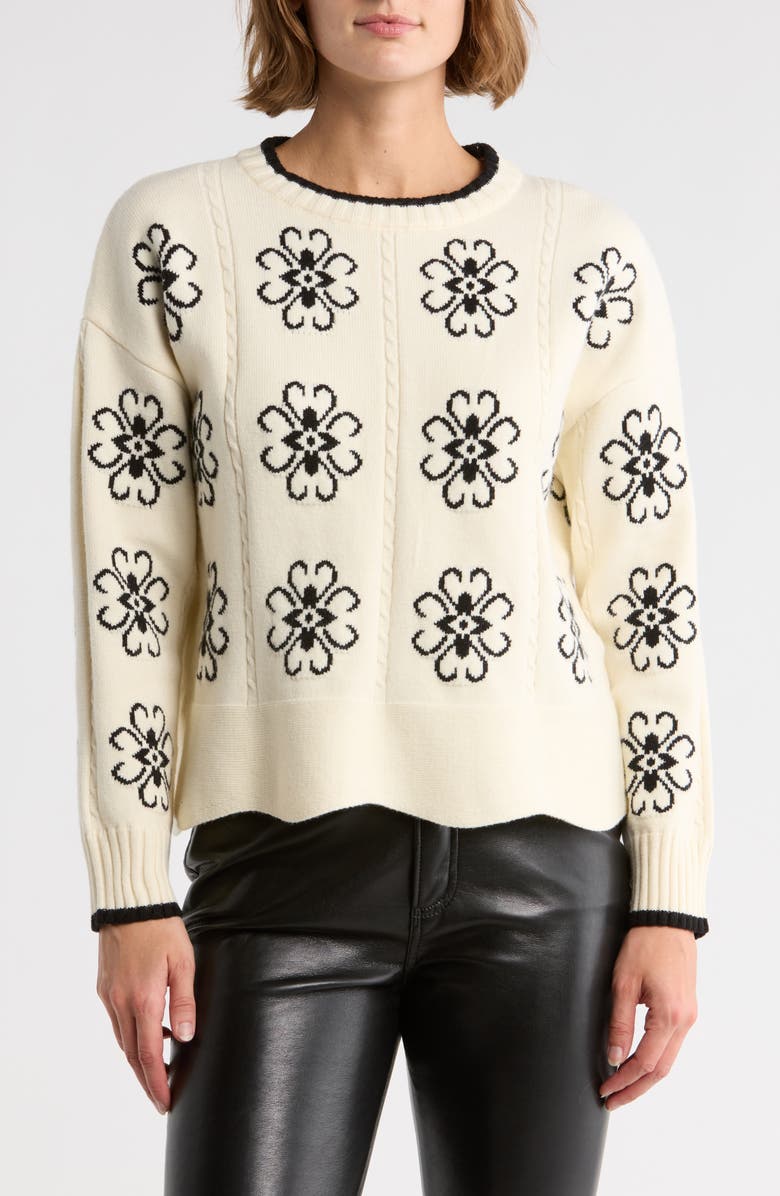 Adrianna Papell Floral Cable Knit Pullover Sweater, Main, color, Cream/ Black