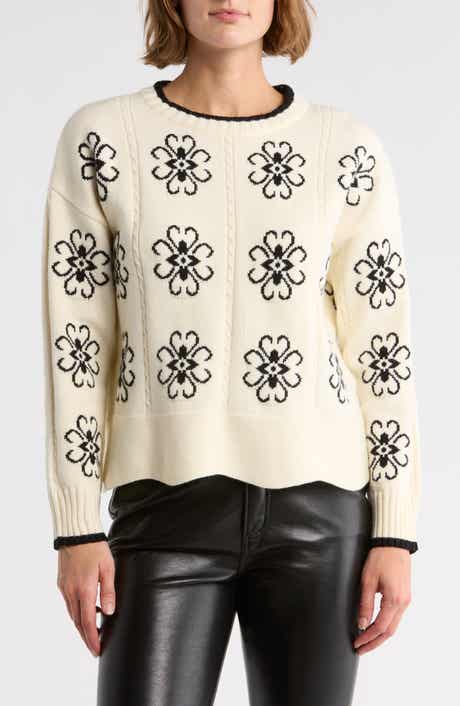 Adrianna Papell Floral Cable Knit Pullover Sweater