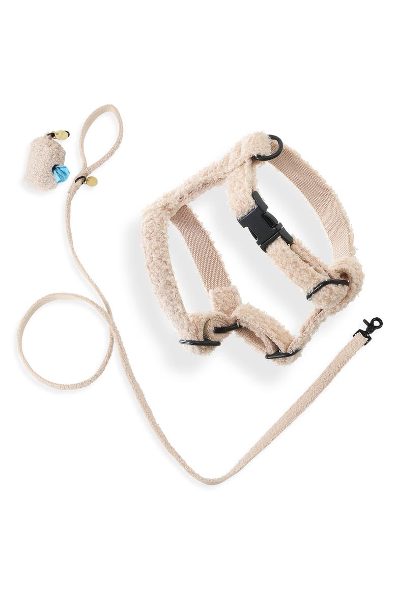 Teddy Bouclé Adjustable H Harness and Leash Walk Set with Poop Bag Pouch, Main, color, Beige