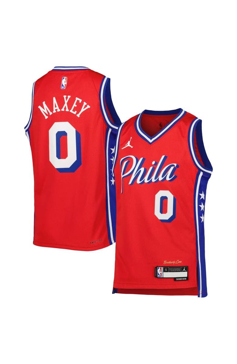 Jordan Brand Youth Jordan Brand Tyrese Maxey Red Philadelphia 76ers Swingman Jersey - Statement Edition, Alternate, color,